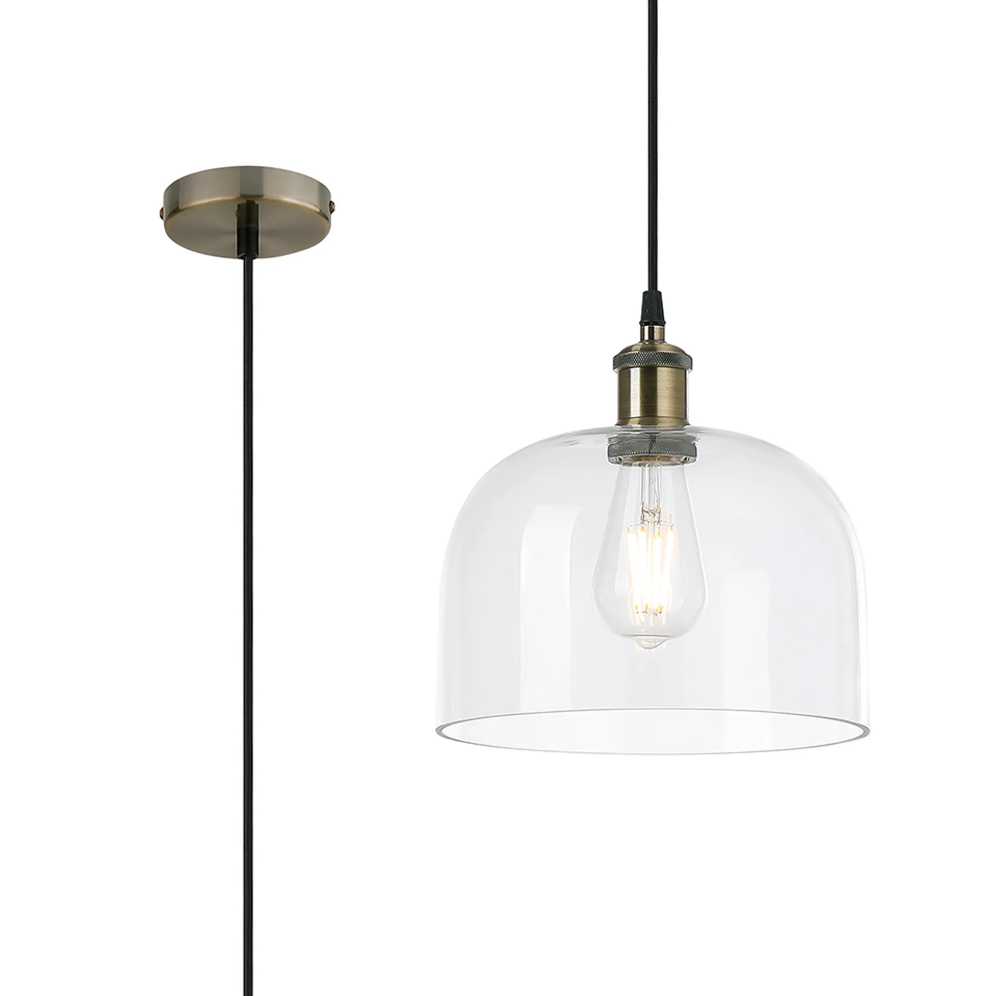 DK1138  Cawdor Single Pendant, 1 Light E27, Antique Brass/Black/Clear Cloche Glass
